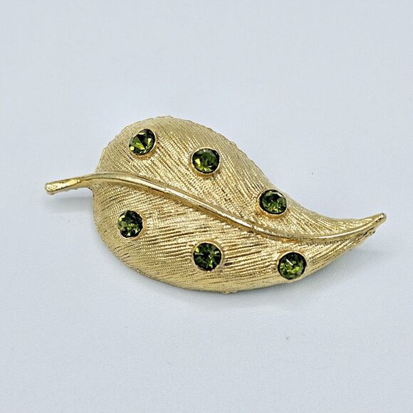 Autumn Leaf Brooch Green Jeweled Fall Foliage Gold Tone Estate Jewelry Pin - Picture 4 of 9